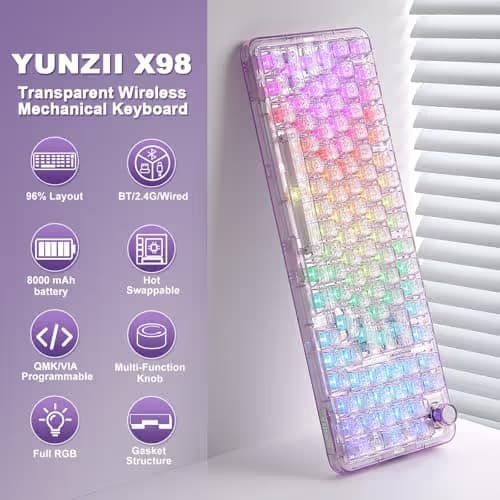 YUNZII X98 QMK/VIA Wireless Mechanical Gaming Keyboard with Knob,Tri-Mode BT5.0/USB-C/2.4GHz Hot Swappable Keyboard,Pre-lubed Switches Gasket Mount RGB Backlit for Wins/Mac (Purple, Snow Switch) image