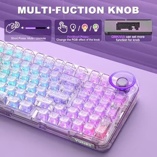 YUNZII X98 QMK/VIA Wireless Mechanical Gaming Keyboard with Knob,Tri-Mode BT5.0/USB-C/2.4GHz Hot Swappable Keyboard,Pre-lubed Switches Gasket Mount RGB Backlit for Wins/Mac (Purple, Snow Switch) image