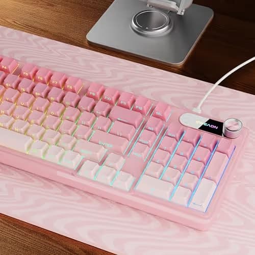 EWEADN V102 Wired Keyboard, 98 Keys Creamy Gaming Keyboard with Number Pad, Display Screen & Media Knob RGB Silent Wired Cute Computer Keyboard for Laptop PC Gamer - Gradient Pink main image