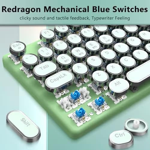 Redragon K710 Wireless Typewriter Mechanical Gaming Keyboard, Bluetooth/2.4Ghz/Wired, RGB Led Backlit, Blue Switch - Clicky, Rechargeable, Solid Metal Panel, Round Keycaps, Green image