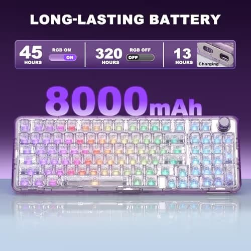 YUNZII X98 QMK/VIA Wireless Mechanical Gaming Keyboard with Knob,Tri-Mode BT5.0/USB-C/2.4GHz Hot Swappable Keyboard,Pre-lubed Switches Gasket Mount RGB Backlit for Wins/Mac (Purple, Crystal Switch) image