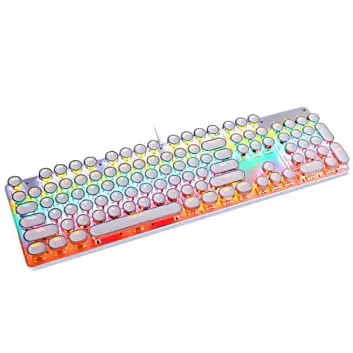 YSCP Typewriter Style Mechanical Gaming Keyboard Rainbow Backlit Wired with Blue Switch Retro Round Keycap 104 Keys Keyboard (L-White) image