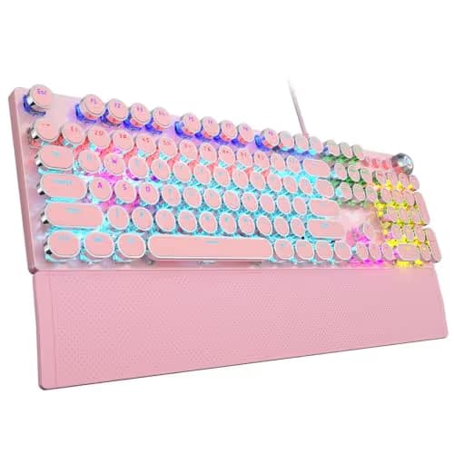 AULA F2088 Typewriter Mechanical Keyboard, Pink Retro Wired Gaming Keyboard with Blue Switches, Rainbow Backlit, Round Keycaps, Media Knob & Removable Wrist Rest image