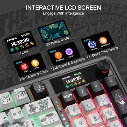 Redragon K719 PRO Wireless Gasket Gaming Keyboard w/Hype Screen & Knob, 95 Keys Mechanical Keyboard, Easy-Control 1.14’’ TFT Info Display, 5-Layer Noise Dampening, Street Graffiti Dye-Sub PBT Keycaps image