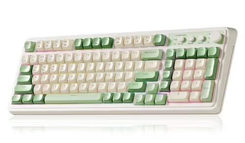 AULA S99 Tri-Mode (2.4G/BT/Wired) Programmable Full Size Membrane Gaming Keyboard Green & Beige image