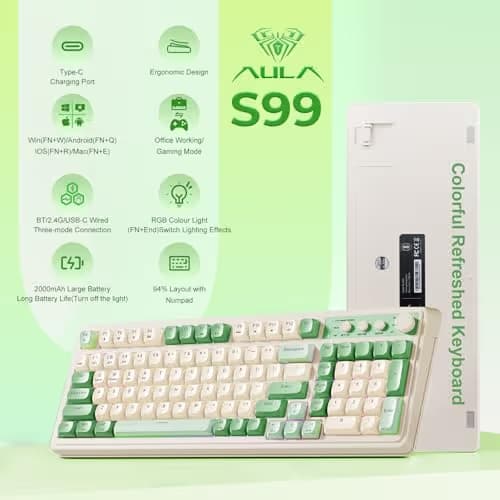 AULA S99 Tri-Mode (2.4G/BT/Wired) Programmable Full Size Membrane Gaming Keyboard Green & Beige image