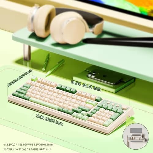 AULA S99 Tri-Mode (2.4G/BT/Wired) Programmable Full Size Membrane Gaming Keyboard Green & Beige image