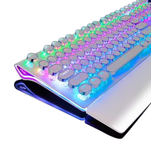 RK ROYAL KLUDGE S108 Typewriter Mechanical Keyboard, Full RGB Gaming Keyboard, Wired PC Game Keyboards with Detachable Wrist Rest and Number Pad, Retro Round Keycaps, Brown Switch White main image