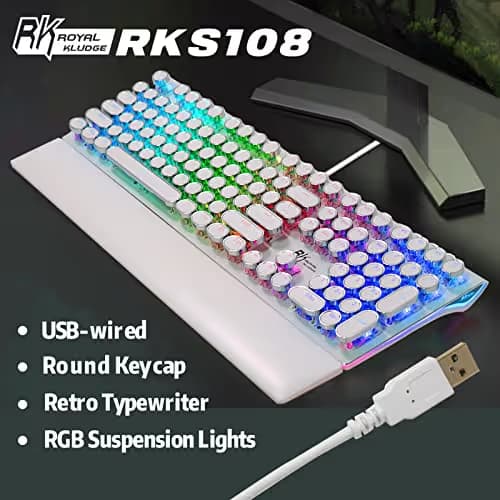 RK ROYAL KLUDGE S108 Typewriter Mechanical Keyboard, Full RGB Gaming Keyboard, Wired PC Game Keyboards with Detachable Wrist Rest and Number Pad, Retro Round Keycaps, Brown Switch White image