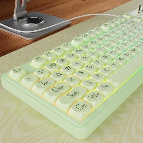 EWEADN V102 Wired Keyboard, 98 Keys Creamy Gaming Keyboard with Number Pad, Display Screen & Media Knob RGB Silent Wired Cute Computer Keyboard for Laptop PC Gamer - Green main image