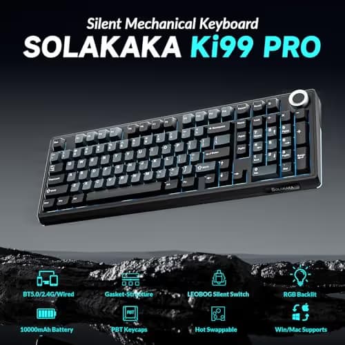 SOLAKAKA KI99 Pro Wireless Mechanical Keyboard Quiet Switch,Hot Swappable Pre-Lubed Switches Silent Keyboard with RGB Backlit,Gasket Structure Computer Gaming Keyboards(BlackBlue, Silent Switch) image