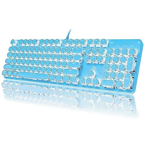 YSCP Typewriter Style Mechanical Gaming Keyboard White Backlit Wired with Blue Switch Retro Round Keycap 104 Keys Keyboard (Blue) main image