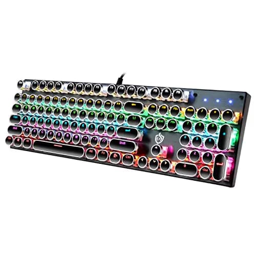 YSCP Typewriter Style Mechanical Gaming Keyboard Rainbow Backlit Wired with Blue Switch Retro Round Keycap 104 Keys Keyboard (L-Black) image