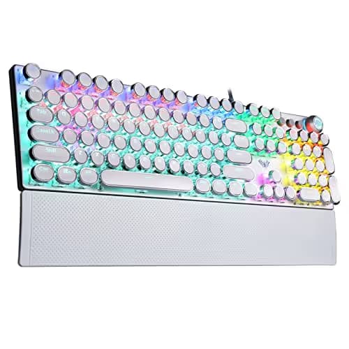 AULA F2088 Typewriter Mechanical Keyboard, White Retro Wired Gaming Keyboard with Blue Switches, Rainbow Backlit, Round Keycaps, Media Knob & Removable Wrist Rest image