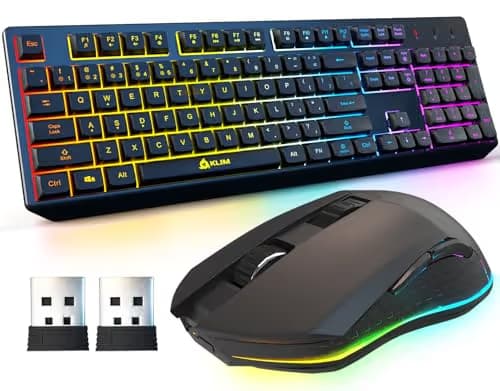 KLIM Chroma Wireless Keyboard and Mouse – RGB Backlit Gaming Combo, Rechargeable Wireless Keyboard & RGB Mouse, Durable & Ergonomic, Dual USB Receivers, Compatible with PC, Mac, PS4, PS5 image