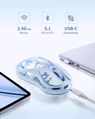 GravaStar Mercury M1 Pro Gaming Mouse, 78g Lightweight Magnesium Alloy, 26,000 DPI, PAW3395DM Sensor, 5 Programmable Buttons, Support Wired/2.4GHz/BT, Up to 200 Hours Battery Life (Ice Blue) image
