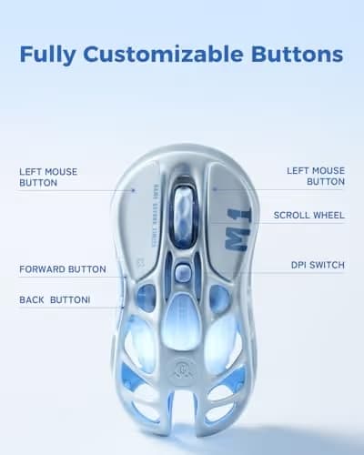 GravaStar Mercury M1 Pro Gaming Mouse, 78g Lightweight Magnesium Alloy, 26,000 DPI, PAW3395DM Sensor, 5 Programmable Buttons, Support Wired/2.4GHz/BT, Up to 200 Hours Battery Life (Ice Blue) image