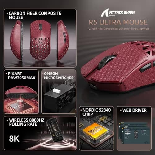 ATTACK SHARK R5 Ultra 8K Carbon Fiber Wireless Red With GripTape image