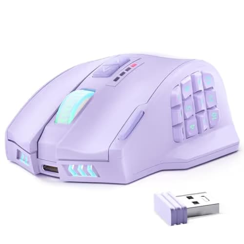 UtechSmart Venus Pro Wireless MMO Gaming Mouse, 16,000 DPI Optical Sensor, Wired/Wireless Dual Modes, 16M Chroma RGB Lighting, 16 Programmable Buttons, Ergonomic Design, Up to 70H, Purple image