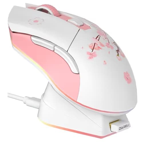 DAREU Sakura Pink Wireless Gaming Mouse with Charging Dock Rechargeable RGB,12K DPI,6 Programmable Buttons High-Precision Sensor [300IPS] [1000Hz] for PC Notebook Mac image