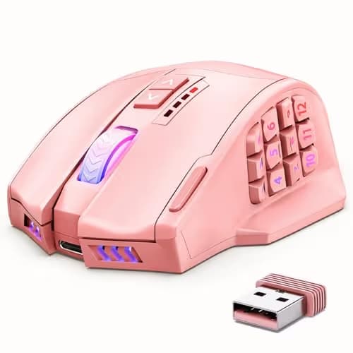 UtechSmart Venus Pro Wireless MMO Gaming Mouse, 16,000 DPI Optical Sensor, Wired/Wireless Dual Modes, 16M Chroma RGB Lighting, 16 Programmable Buttons, Ergonomic Design, Up to 70H, Pink image