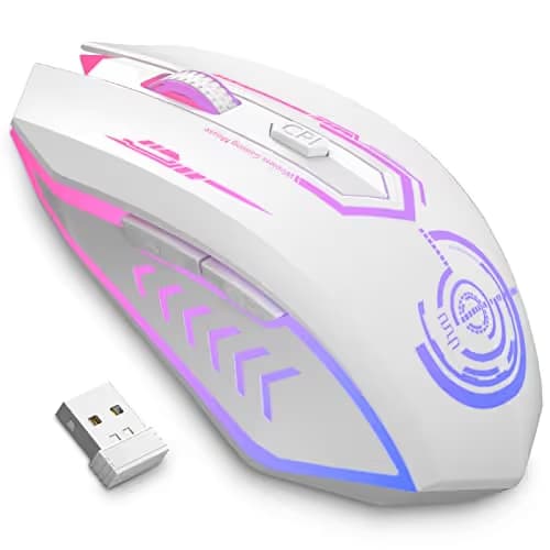 UHURU Gaming Mouse, Wireless Gaming Mouse with 6 Buttons 7 Changeable LED Color up to 10000 DPI, Rechargeable USB Gamer Mouse for PC Laptop (White) image