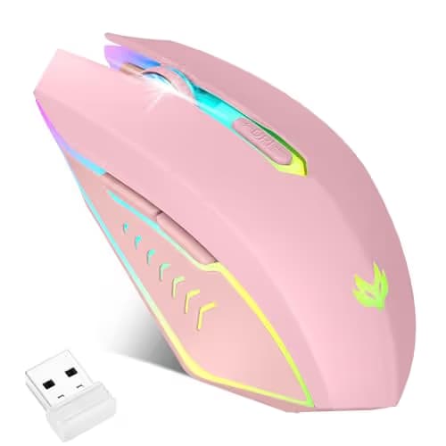LuLabboard Wireless Gaming Mouse, Rechargeable Computer Mouse, 7-Color LED Light, Ergonomic Mouse with 6 Silent Click Buttons, 3 Adjustable 2400 DPI Wireless Mouse for Laptop,PC,Mac, Pink image