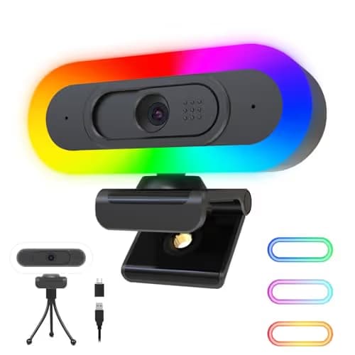 ToLuLu Streaming Webcam 2K 50FPS Web Cam, LED RGB Webcam with Microphone and Light, Autofocus Computer Camera with Cover and Tripod, Plug-Play USB Web cam for PC Desktop/MacBook Gaming Video Calling image