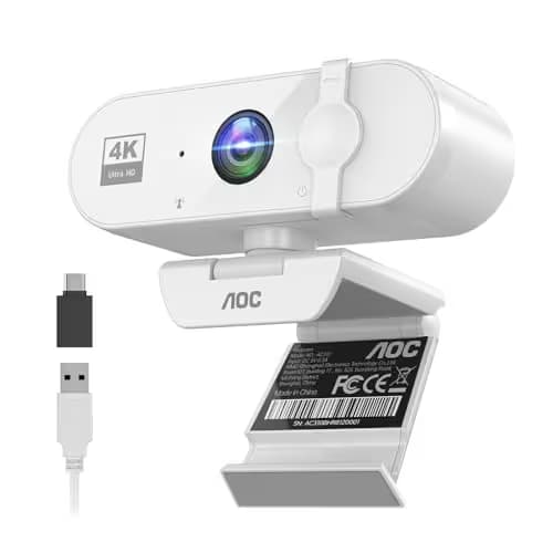 AOC White 4k Webcam for PC with Microphone, Computer Camera with Noise Cancellation, Privacy Cover, 99° FOV, Plug & Play USB Webcam for Streaming, Conferencing, Zoom, Skype, Facetime image