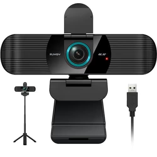 RUWBY UHD 4K Webcam with Built-in Dual Mics, Wide-Angle Lens, Privacy Cover, Tripod Stand, Autofocus Computer Camera, Plug and Play for Desktop PC or Laptop image