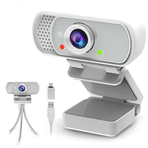 Webcam with Tripod Privacy Shutter: 1080P FHD Web Camera with Mic, Plug & Play USB A USB C Webcam with Stand, White Wide Angle Noise-Canceling Microphone Compact Web Cam for Online Meeting Classes main image