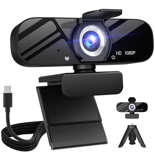 Tewiky Full HD Webcam with Built-in Microphone and Rotatable Tripod, 1080P Video and Wide Angle Camera, Privacy Cover, for Desktop PC or Laptop Computer image