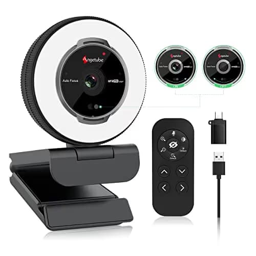 Angetube Streaming Webcam with Microphone: 1080P 60FPS USB Web Cam with Ring Light and Remote Control - HD Web Camera with 5X Digital Zoom Built in Privacy Cover,for PC|Computer|Laptop|Mac|Desktop image
