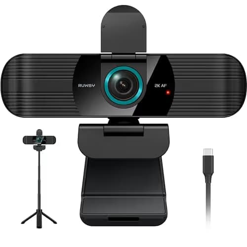RUWBY QHD 2K Webcam with Built-in Dual Mics, Wide-Angle Lens, Privacy Cover, Tripod Stand, Autofocus PC Camera, Plug and Play for Desktop Computer or Laptop image