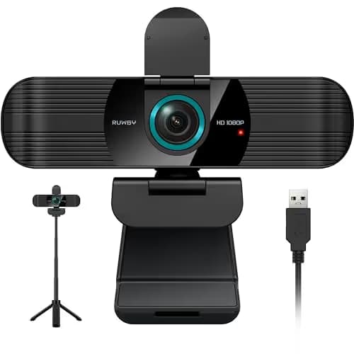 RUWBY Full HD 1080P Webcam with Built-in Dual Mics, Wide-Angle Lens, Privacy Cover, Tripod Stand, Autofocus Computer Camera, Plug and Play for Desktop PC or Laptop main image