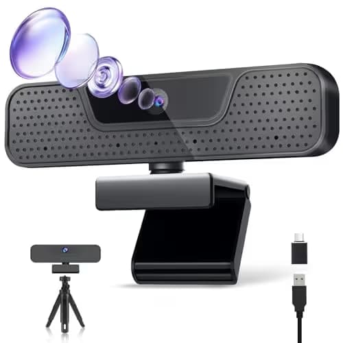 4K Auto Focus Webcam for PC, 4 AI Noise-Canceling Mics UHD Web cam, Auto Light Correction, 85°FOV Computer Web Camera, USB C Plug&Play Webcam with Tripod & Privacy Cover Works w/Zoom/Skype/Google image