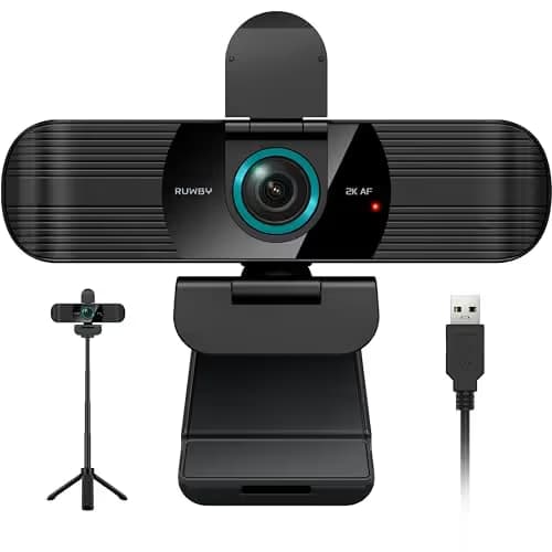 RUWBY QHD 2K Webcam with Built-in Dual Mics, Wide-Angle Lens, Privacy Cover, Tripod Stand, Autofocus Computer Camera, Plug and Play for Desktop PC or Laptop image