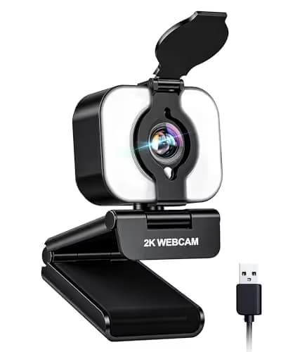 Atatat 2K Webcam for PC with Microphone & Light & Privacy Cover, Web Camera for Desktop/Laptop/Monitor/Mac, Autofocus USB Computer Camera for Zoom/Skype/Teams/Video Calling/Meeting/Streaming image