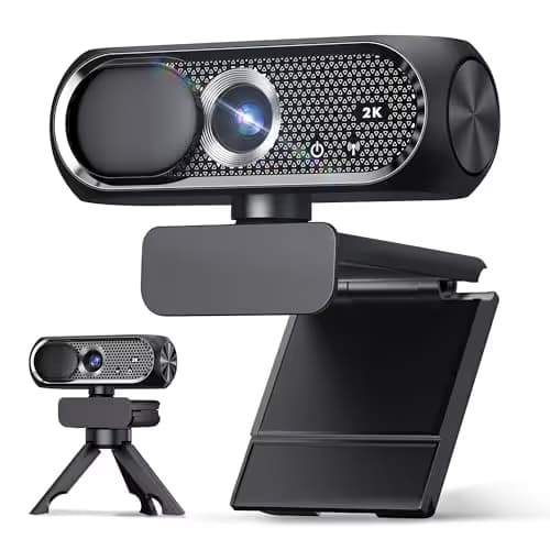 2K Webcam with Rotatable Tripod and Mic, Noise Cancellation, Privacy Cover, Wide-Angle Lens, Auto Light Correction, Plug & Play USB Webcam for Laptop, Desktop, PC, Mac, Zoom, Skype, Streaming image