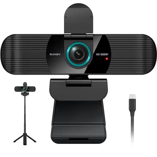 RUWBY Full HD 1080P Webcam with Built-in Dual Mics, Wide-Angle Lens, Privacy Cover, Tripod Stand, Autofocus PC Camera, Plug and Play for Desktop Computer or Laptop main image