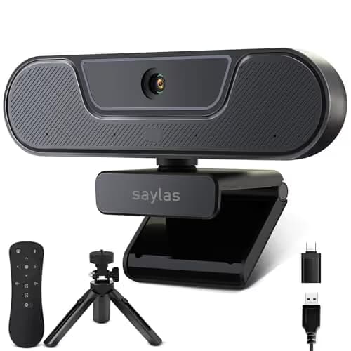 saylas 4K Webcam with Microphone and Speaker, Wide Angle 112°, Remote Control, Autofocus, Digital Zoom, Privacy Cover, Plug & Play Web Streaming Camera for Computer, USB Webcam for Pc image
