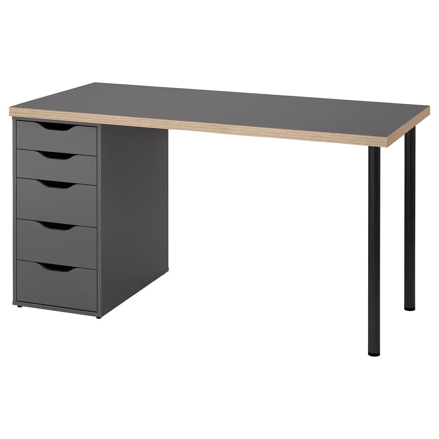 IKEA LAGKAPTEN / 1 ALEX + 2 ADILS, 140×60 cm — Dark gray wood-effect top / Dark gray ALEX / Black ADILS (S09585380) image