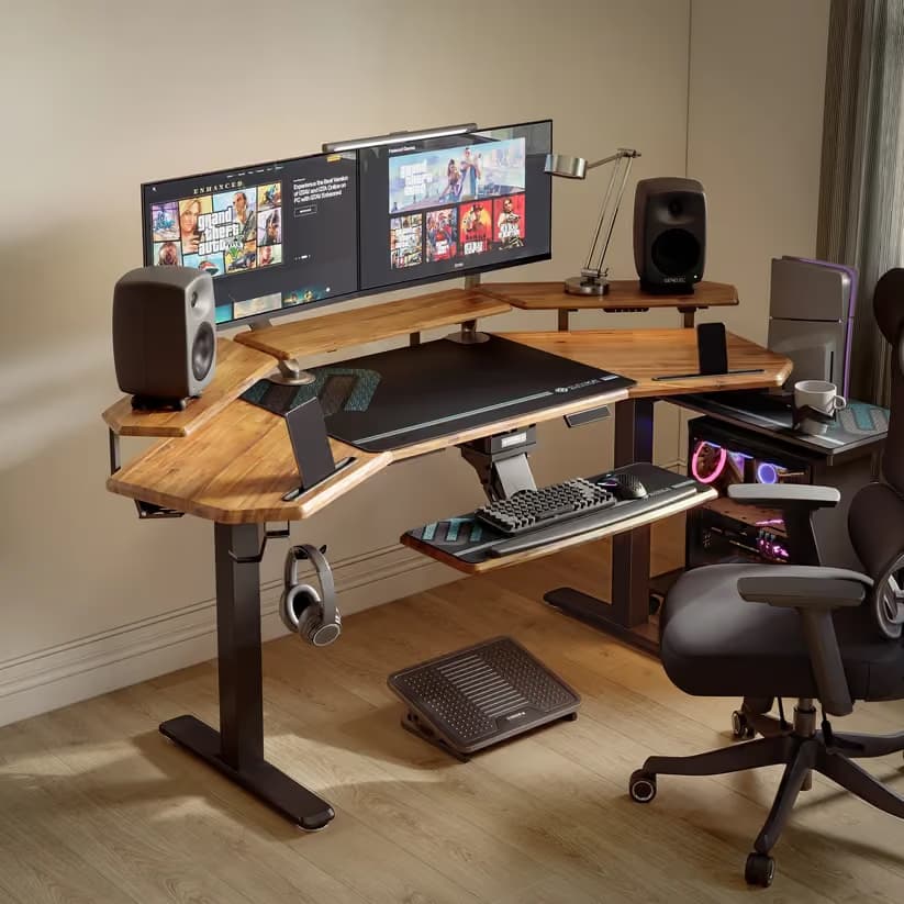 Eureka Ergonomic Aero Pro Wing-Shaped Standing Desk 72" Dark Acacia Wood — With Accessories Set image