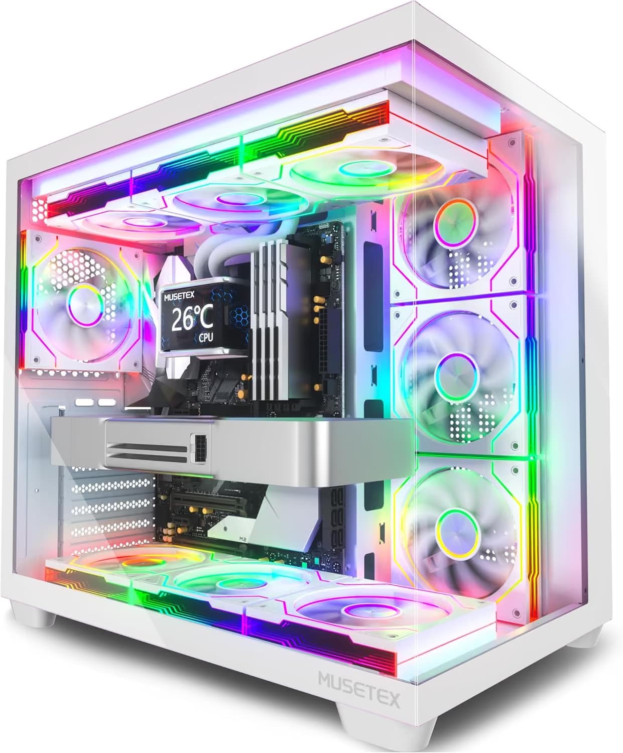 MUSETEX Y6 PC Case, Pre-Installed 7 Infinity Mirror PWM ARGB Fans, ATX Mid Tower Computer Case, Gaming PC Case image
