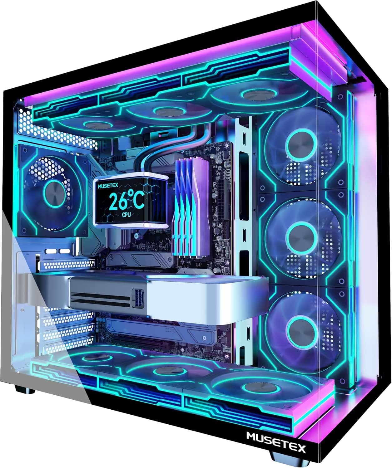 MUSETEX Y6 PC Case, Pre-Installed 7 Infinity Mirror PWM ARGB Fans, ATX Mid Tower Computer Case, Gaming PC Case Black main image