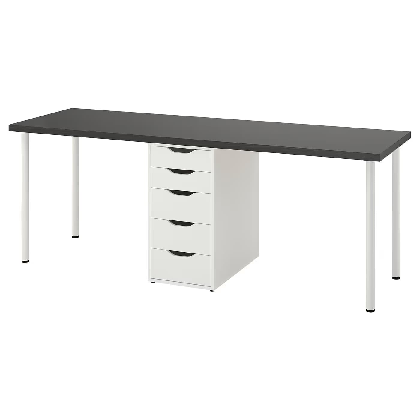 IKEA LAGKAPTEN / 1 ALEX (center) + 4 ADILS, 200×60 cm — Black-brown top / White ALEX / White legs (s59607662) image