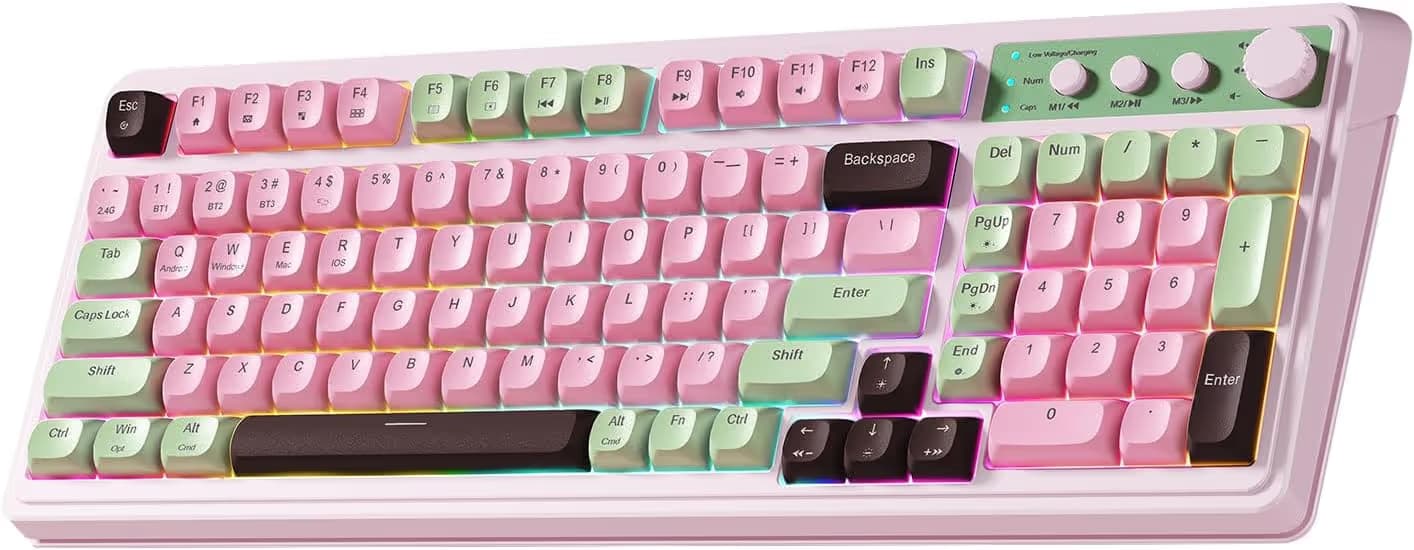 AULA S99 Tri-Mode (2.4G/BT/Wired) Programmable Full Size Membrane Gaming Keyboard PINK And Green And Coffee image